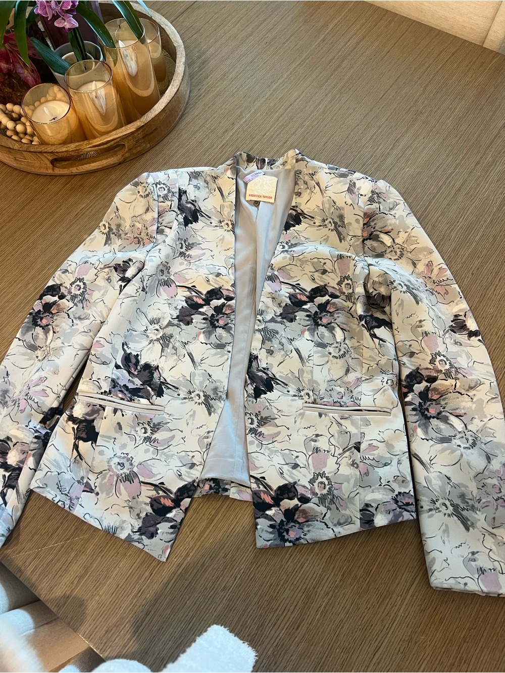 Rebecca Taylor Cream Floral Open-Front Blazer with Pink and Gray Accents